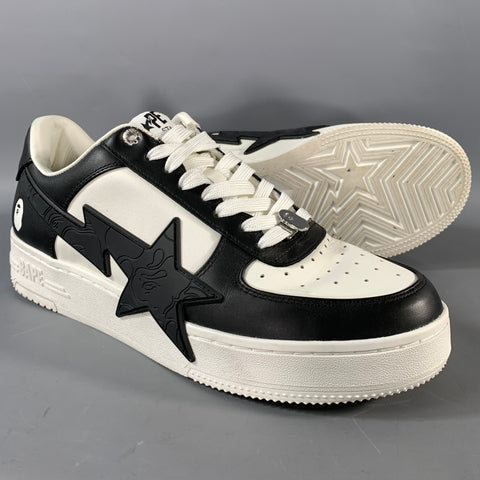 BAPE Size 10 White Black Stars Leather Low Top Sneakers
