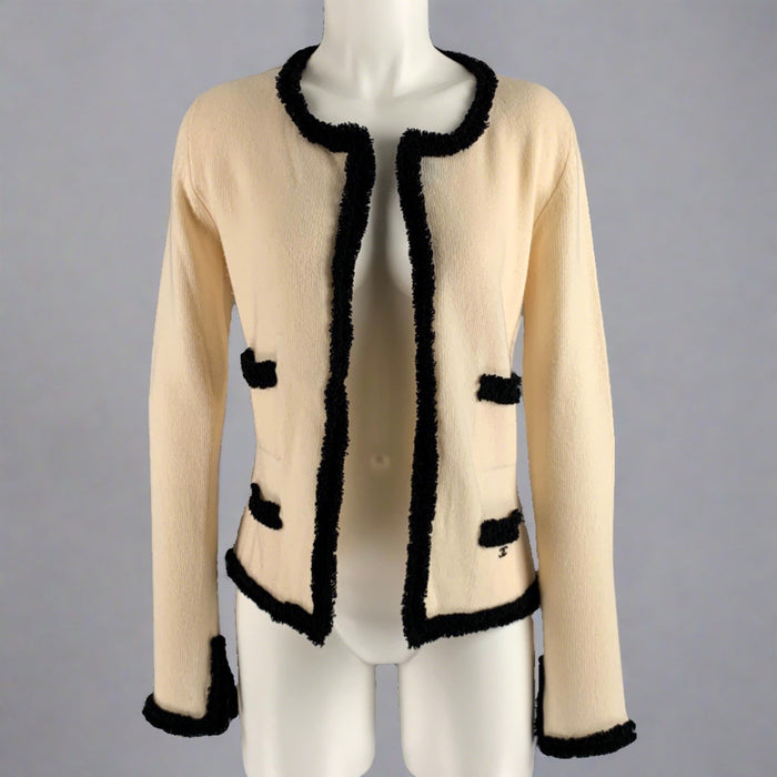 CHANEL Size M Cream Black Cashmere Contrast trim Open Front Cardigan