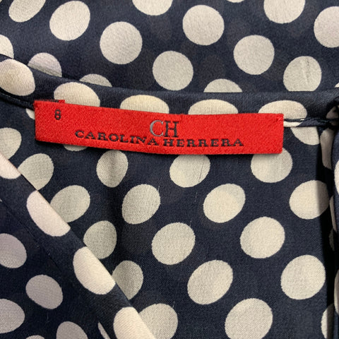 CAROLINA HERRERA Size 8 Black Ivory Silk Polka Dot Pop Over Blouse
