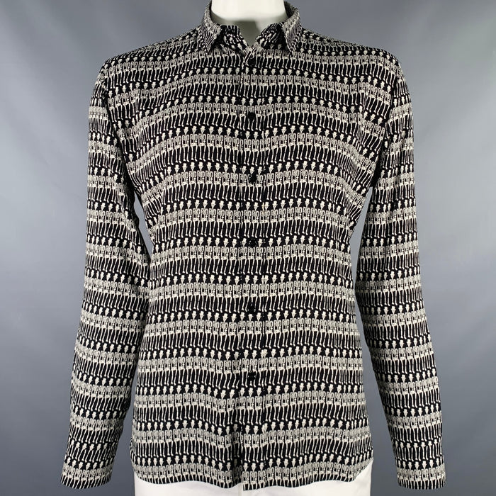 SAINT LAURENT FW16 Size L Black White Skeleton Viscose Button Up Long Sleeve Shirt