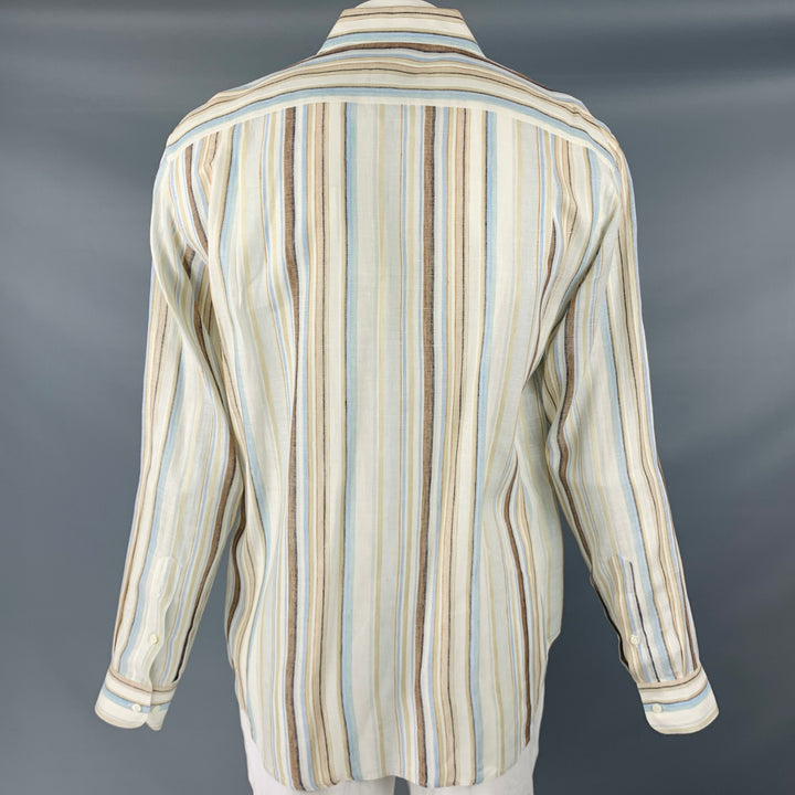 BRIONI Size L Beige Multi Color Stripe Linen Button Up Long Sleeve Shirt