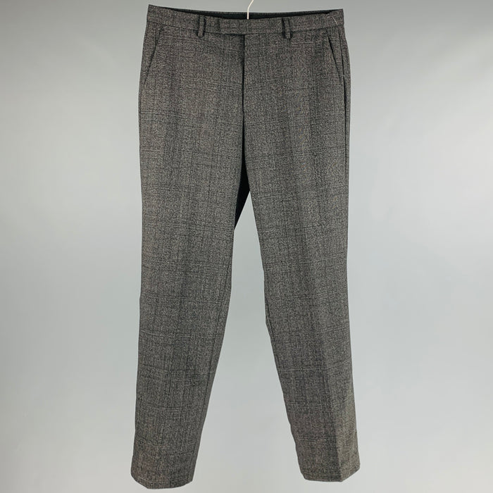 CALVIN KLEIN Size 32 Black Glenplaid Wool Blend Flat Front Dress Pants