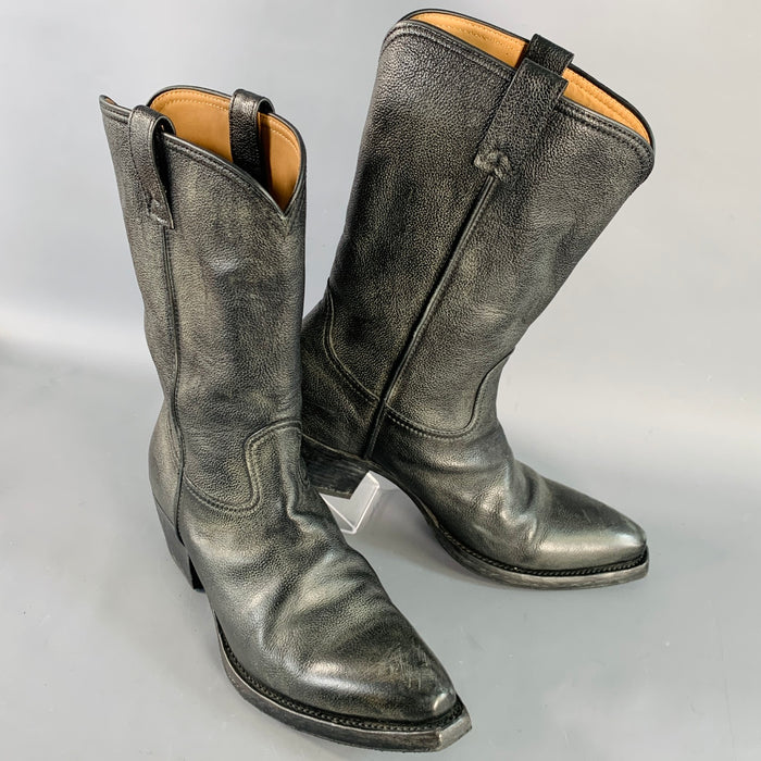 PRADA Size 8 Black Distressed Leather Pull On Western Cowboy Boots