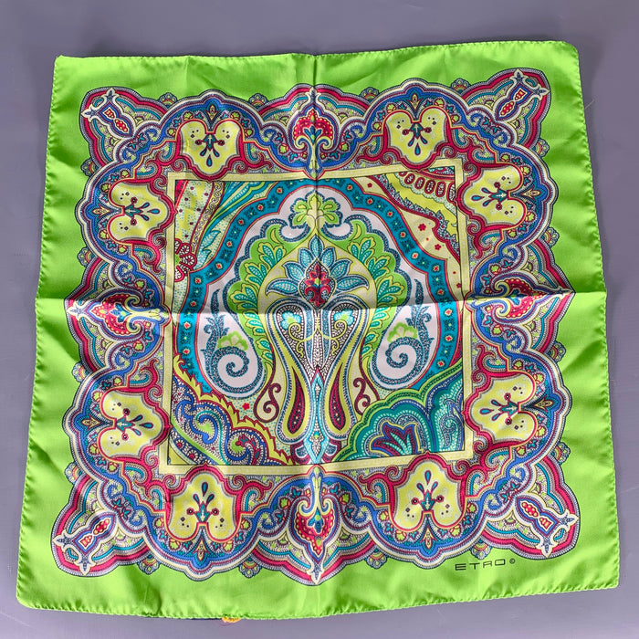 ETRO Green Multi Color Paisley Silk Pocket Square
