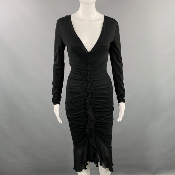 EMANUEL UNGARO Size XS Black Rayon Blend Ruffled Midi Cocktail Dress