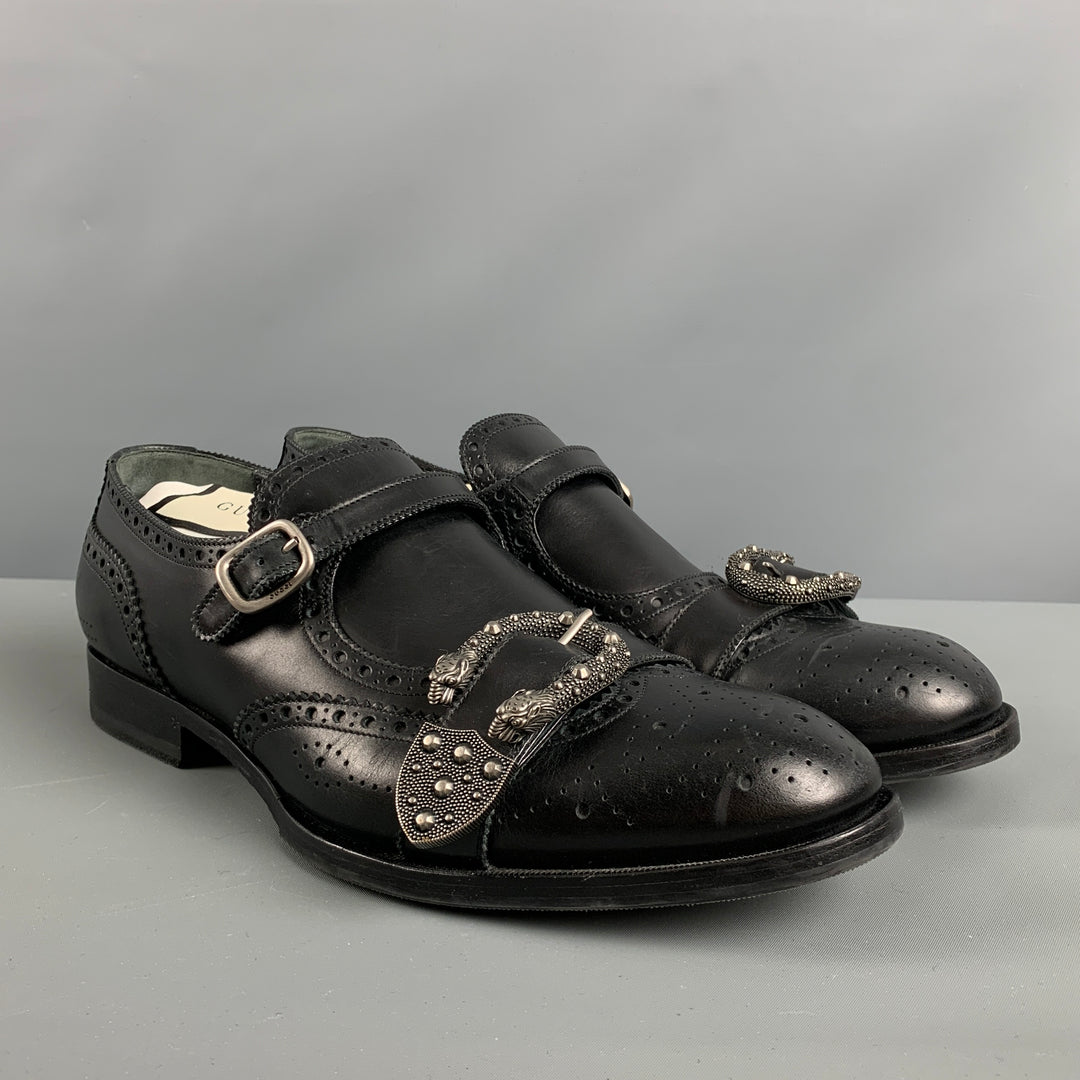 GUCCI Size 11.5 Black Wingtip Leather Double Monk Strap Loafers