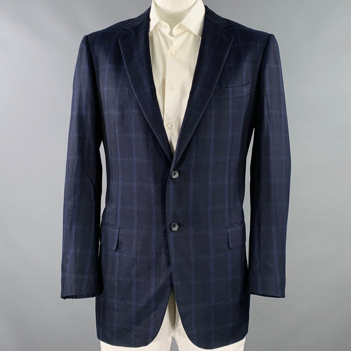 ERMENEGILDO ZEGNA Size 46 Regular Navy Blue Window Pane Sport Coat