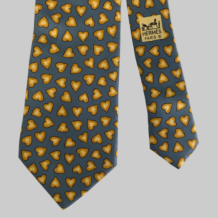 HERMES Blue Yellow Heart Silk Tie