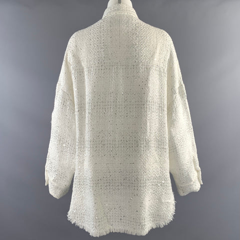 IRO Size M White Silver Polyester Blend Tweed Snaps Shirt
