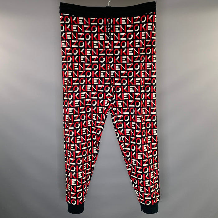 KENZO Size XL Black Red & White Monogram Cotton & Nylon Sweatpants Casual Pants
