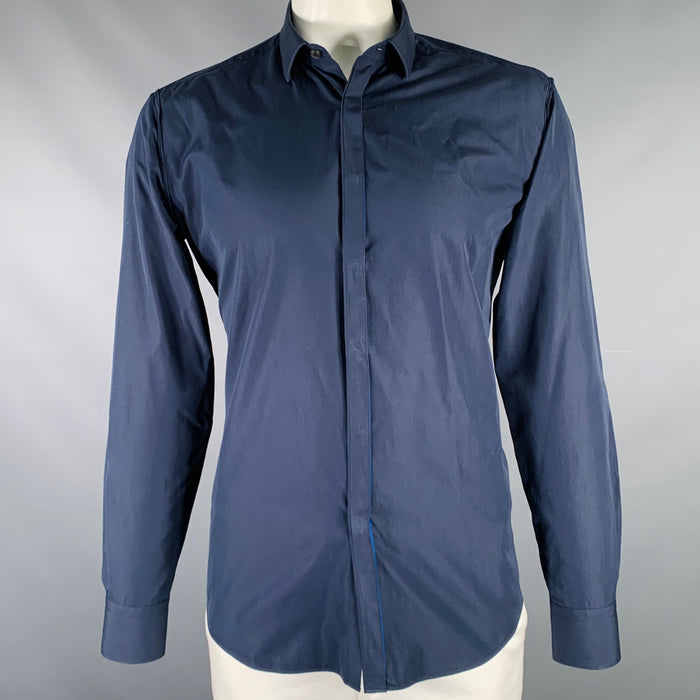 LANVIN Size L Navy Cotton Hidden Placket Long Sleeve Shirt