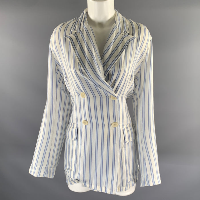 DRIES VAN NOTEN Size S White Light Blue Silk Stripe Peak Lapel Blazer