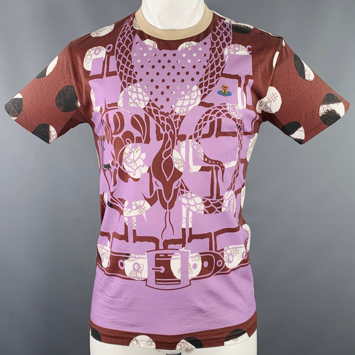 VIVIENNE WESTWOOD Size S Brown Lavender Print Cotton Crew Neck T-shirt