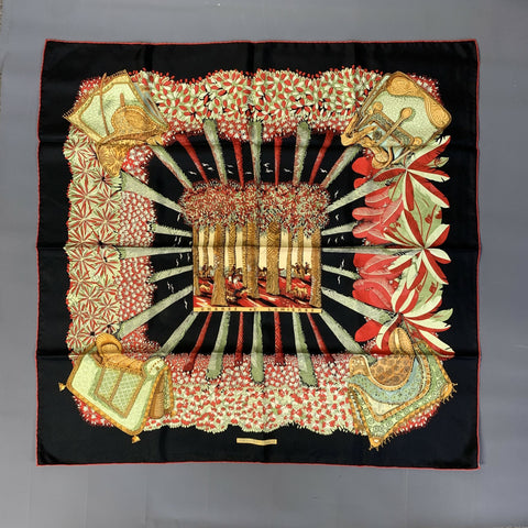 HERMES Black Multi-Color Graphic Silk Scarves