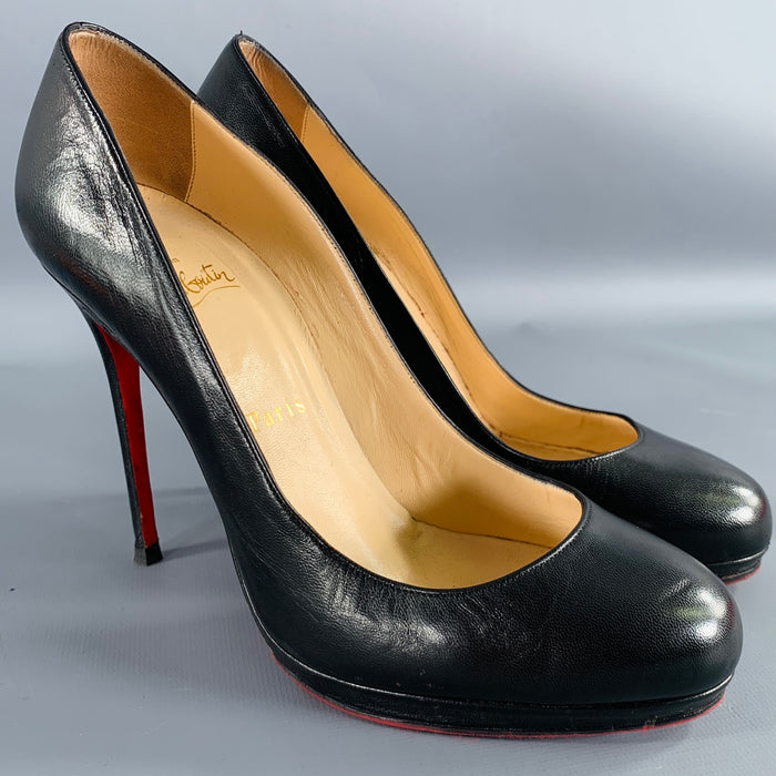 CHRISTIAN LOUBOUTIN Size 8.5 Black Leather Platform Pumps