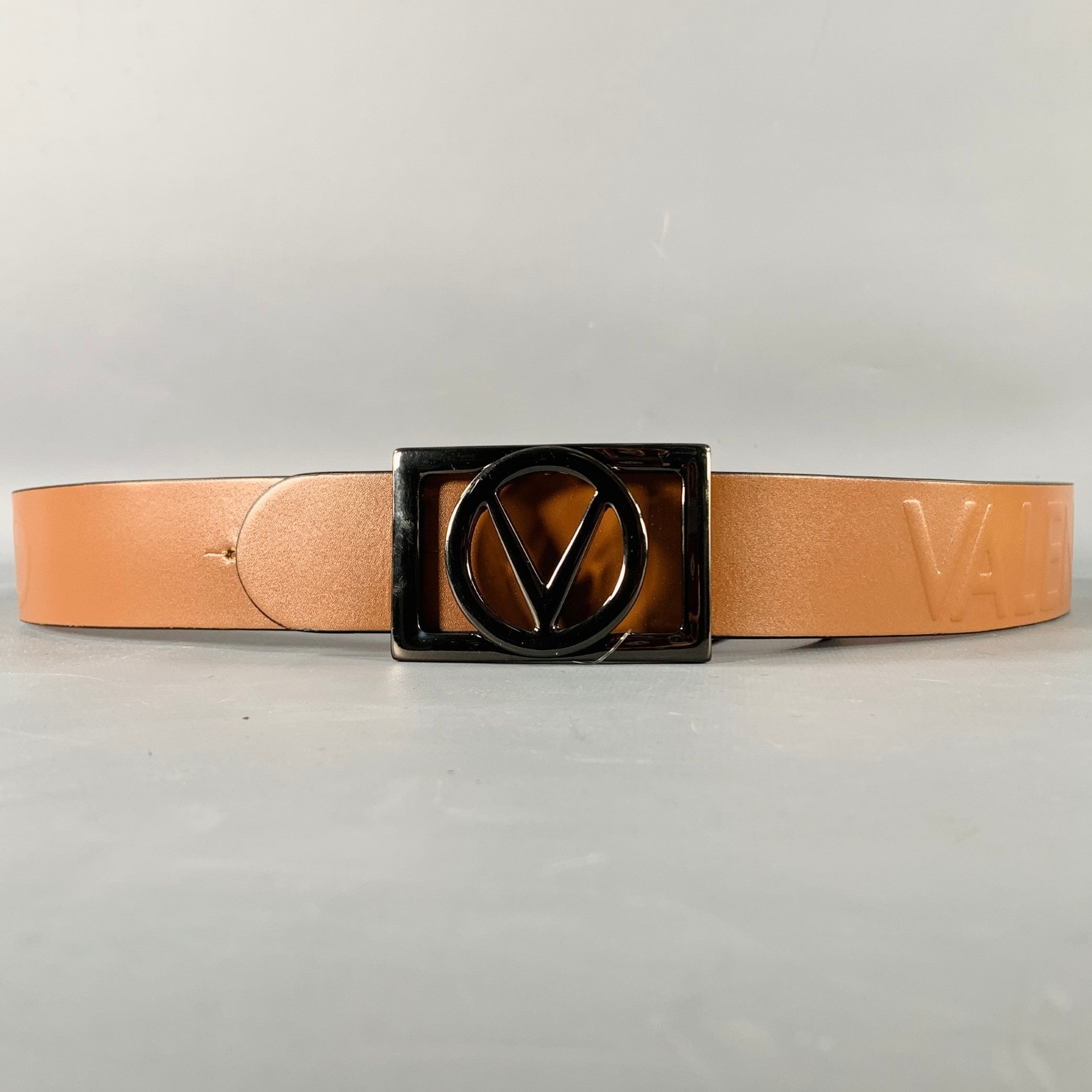 Valentino By Mario Valentino Brown Leather Belt with Gold Logo Buckle VALENTINO V Logo Leather Belt Brown Size Small main image 2