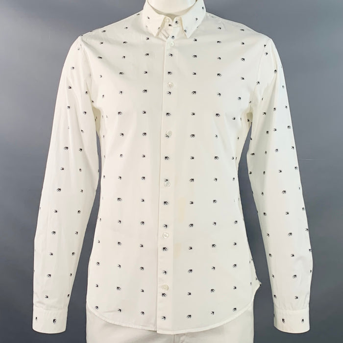MCQ by ALEXANDER MCQUEEN Size L White Black Birds Cotton Long Sleeve Shirt