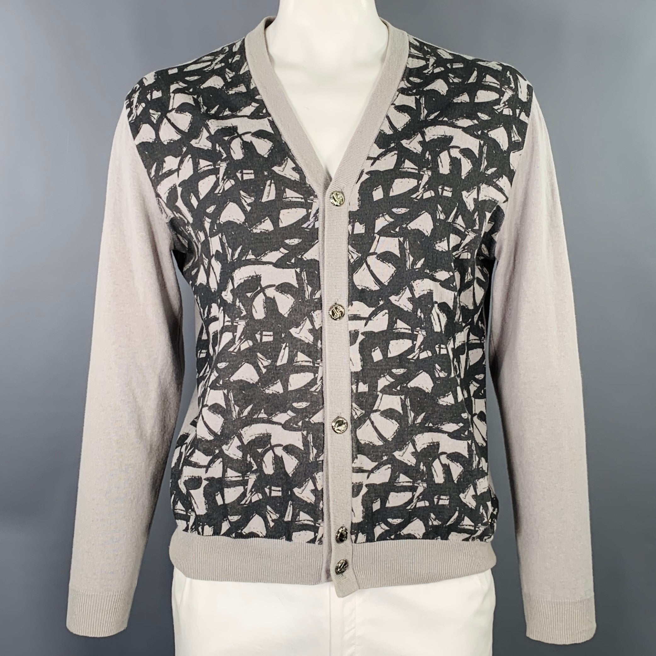 VERSACE JEANS Size XL Grey Black Graffiti Cotton Linen Knit