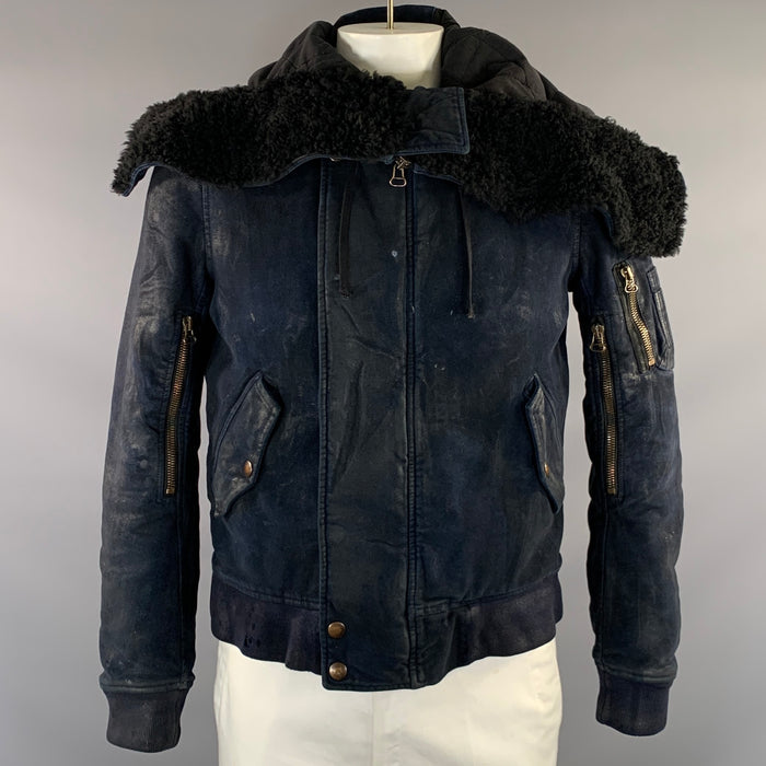 BALMAIN Size 40 Navy Distressed Cotton Bomber Jacket