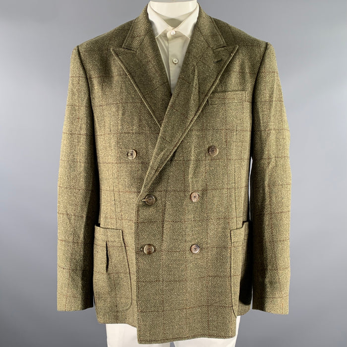 RALPH LAUREN Size 46 Green Brown Window Pane Wool Linen Silk Sport Coat