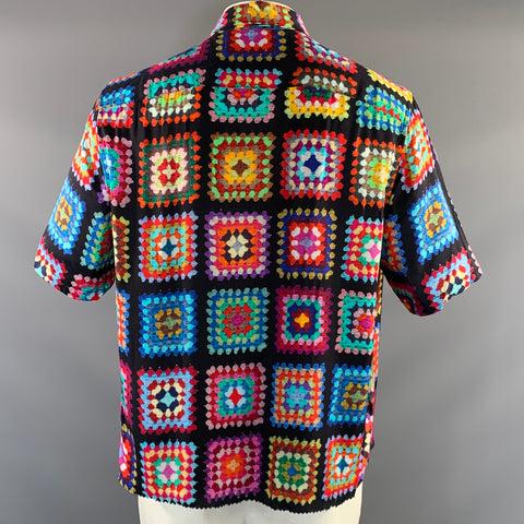 ALLSAINTS Size XXL Black Multi Color Geometric Short Sleeve Shirt