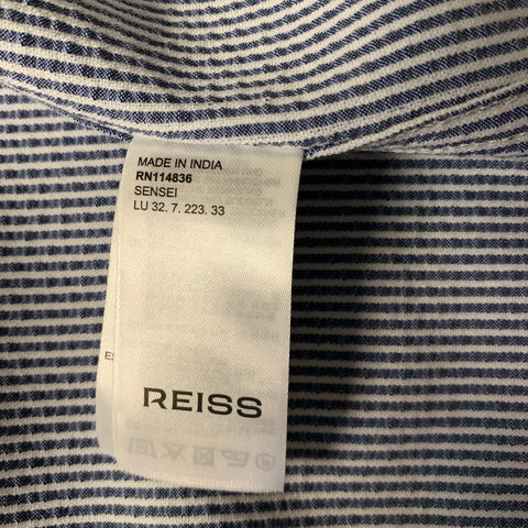 REISS Size L Blue White Stripe Polyester Blend Button Up Short Sleeve Shirt