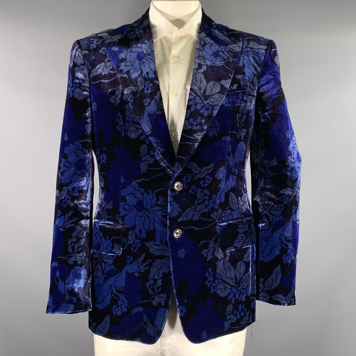 TOM FORD Chest Size 44 Blue Navy Floral Silk Viscose Peak Lapel Sport Coat