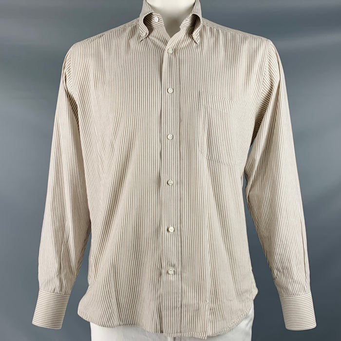 LORO PIANA Size L Tan White Stripe Cotton Button Down Long Sleeve Shirt
