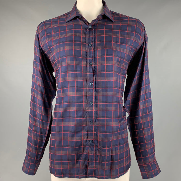 ETRO Size XL Navy Red Plaid Lyocel Cotton Button Up Long Sleeve Shirt