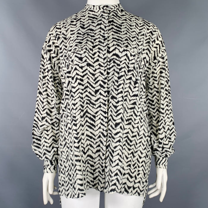 HAIDER ACKERMANN Size L Black White Viscose Silk Zig Zag Collarless Shirt