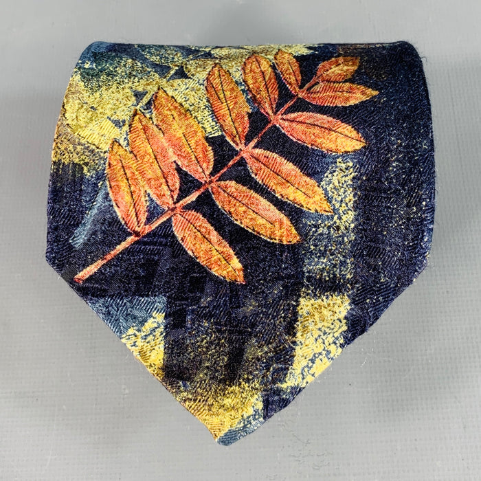 ERMENEGILDO ZEGNA Black Multi Color Leaves Silk Tie