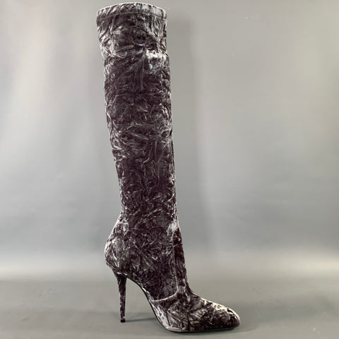 SAINT LAURENT Size 7 Grey Velvet Crushed Sock Boots