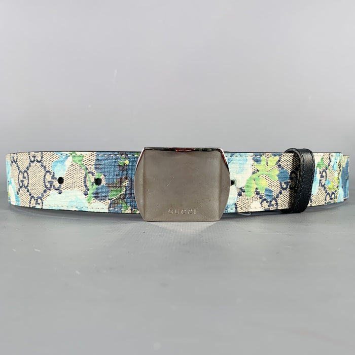 GUCCI Size 34 Blue Grey Floral Canvas Belt