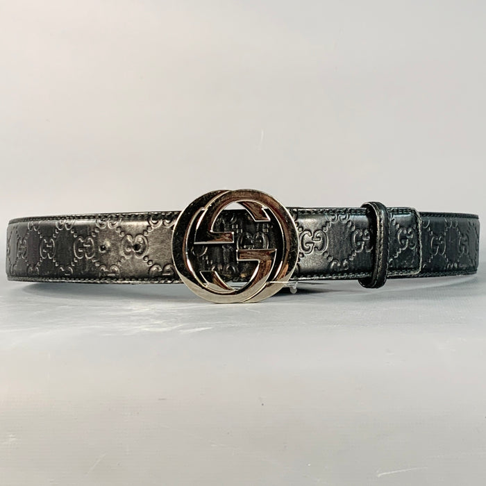 GUCCI Size 38 Guccissima Black Monogram Leather GG Buckle Belt