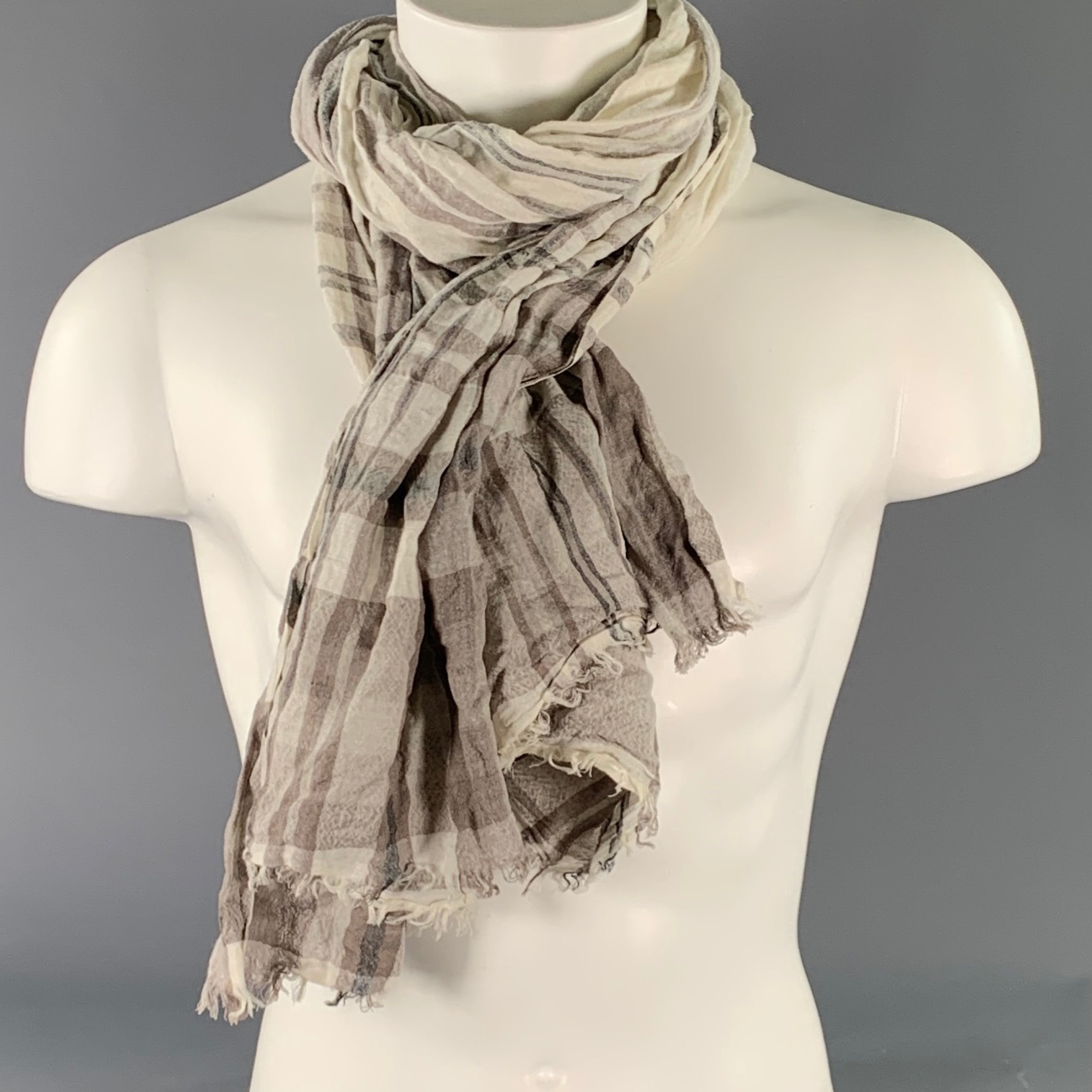 BRUNELLO CUCINELLI Size Beige Grey Plaid Linen Scarves – Sui