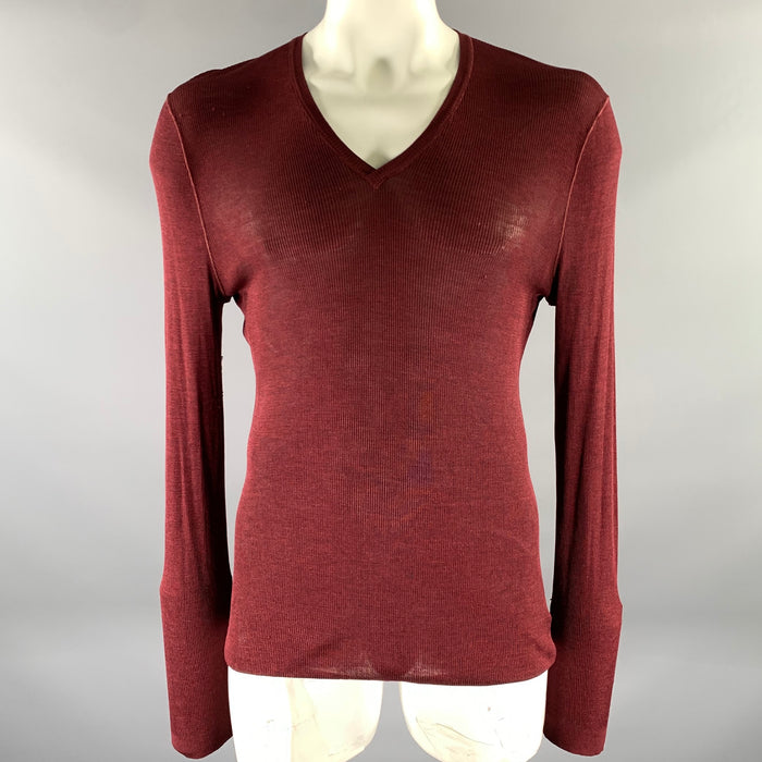 GUCCI Size XL Burgundy Ribbed Knit Silk V-Neck Pullover