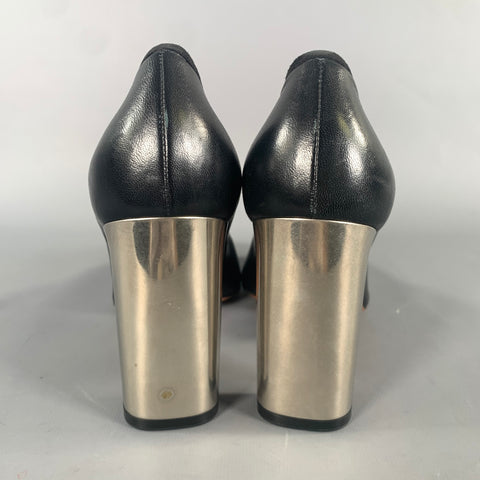 CELINE Size 7.5 Black Silver Leather Slip On Pumps