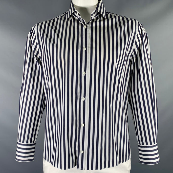 BRUNELLO CUCINELLI Size XXL Navy White Stripe Cotton Button Up Long Sleeve Shirt