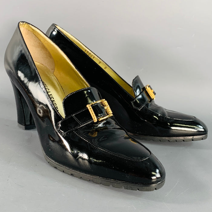 BOTTEGA VENETA Size 9 Black Gold Patent Leather Buckle Pumps