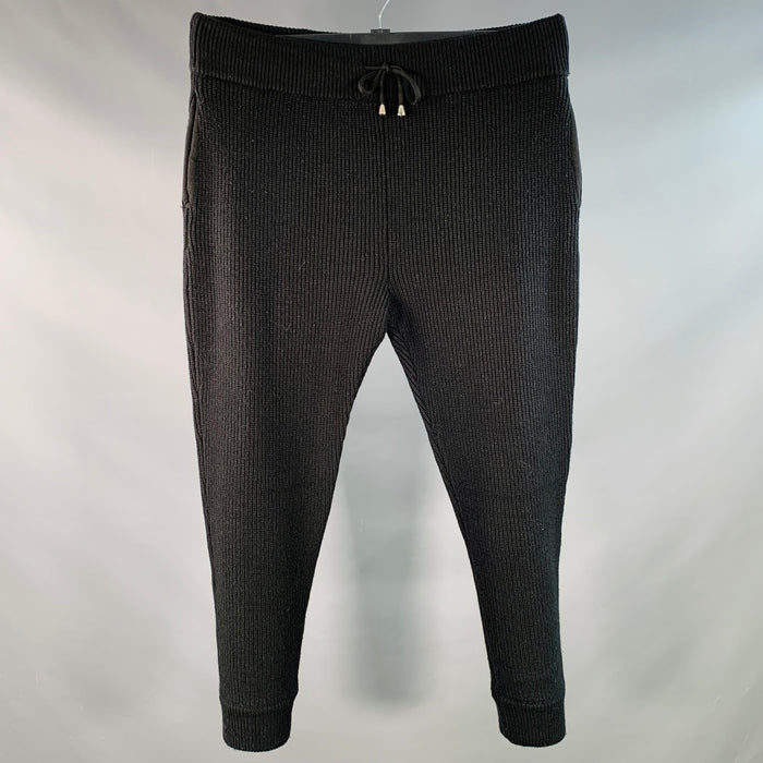 EMPORIO ARMANI Size 36 Black Rib Knit Virgin Wool Acrylic Drawstring Casual Pants