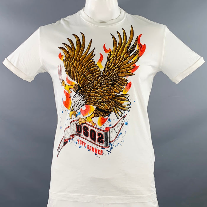 DSQUARED2 Size XL White Multi Color Bald Eagle Graphic Cotton Short Sleeve T-shirt