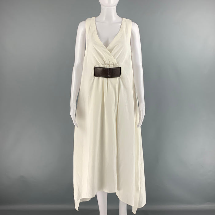 BRUNELLO CUCINELLI Size S White Brown Viscose Linen Belted Dress