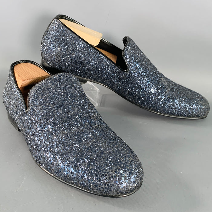 JIMMY CHOO Size 9 Thame Grey Black Glitter Leather Slip On Loafers