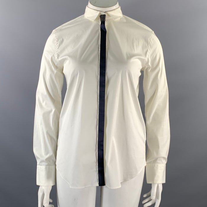 BRUNELLO CUCINELLI Size XL White Navy Cotton Blend Mixed Fabrics Dress Top
