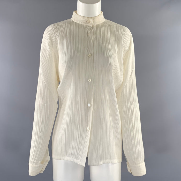 ISSEY MIYAKE Size S Cream Polyester Crinkled Nehru Collar Blouse