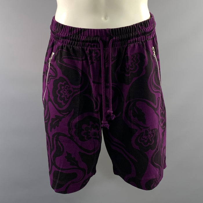 DRIES VAN NOTEN Size M Purple Black Abstract Elastic Waistband Shorts