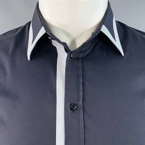 EMPORIO ARMANI Size S Navy Light Blue Cotton Blend Contrast Trim Long Sleeve Shirt