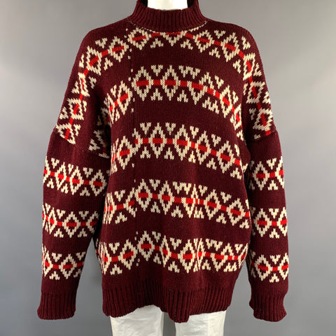 RAF SIMONS FW2016 Size One Size Burgundy Beige & Red Knitted Wool Mock Neck Sweater