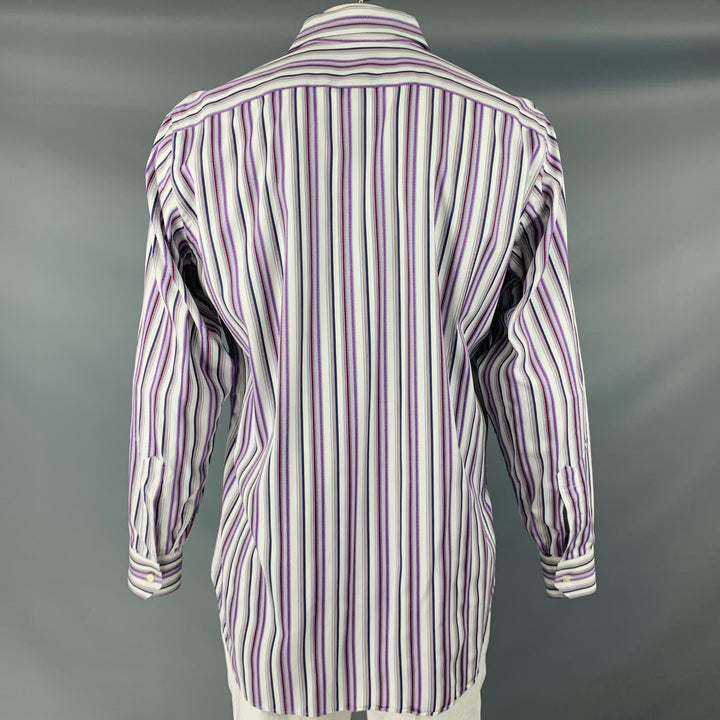 ETRO Size L White Purple Stripe Cotton Button Up Long Sleeve Shirt