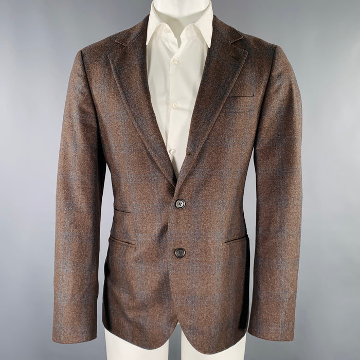 BRUNELLO CUCINELLI Size 38 Brown Blue Plaid Notch Lapel Sport Coat